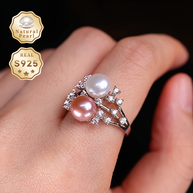 S925 Silver Pearl Ring, 7-8mm Two Tone Natural Freshwater Pearl